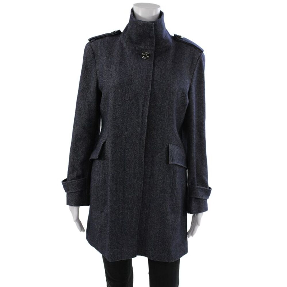 Teenflo Women Military Jacket Blue Herringbone Silk Button Long Sleeve Size 10